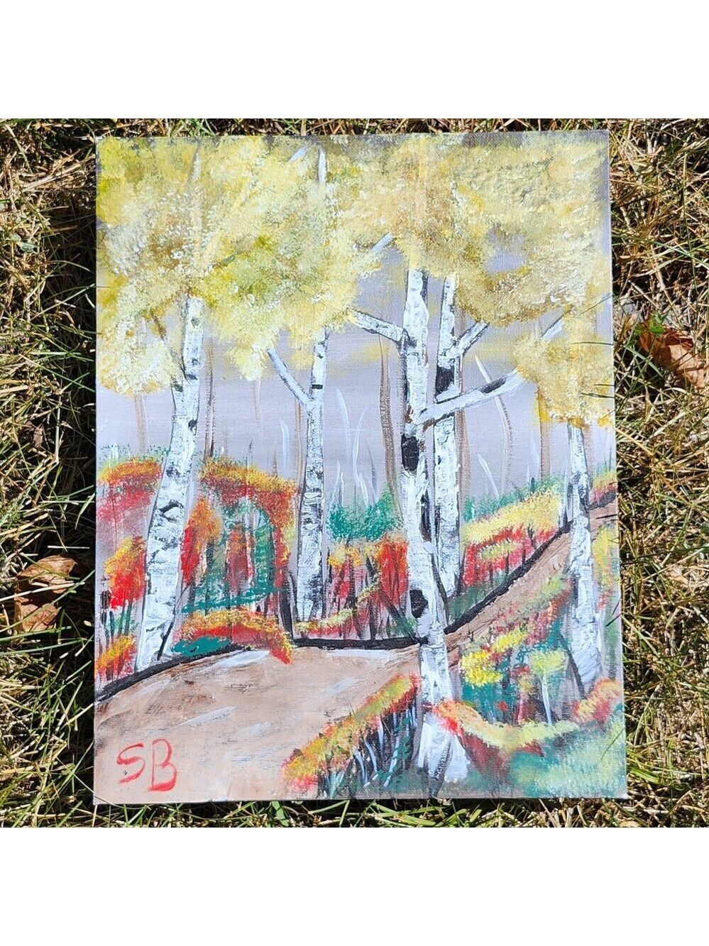 PATH THROUGH THE AUTUMN BIRCH FOREST Birch Trees Painting Signed